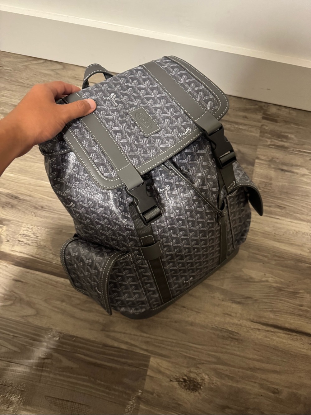 Goyard Gray Monogram Canvas Backpack with Buckle Straps and magnetic pockets